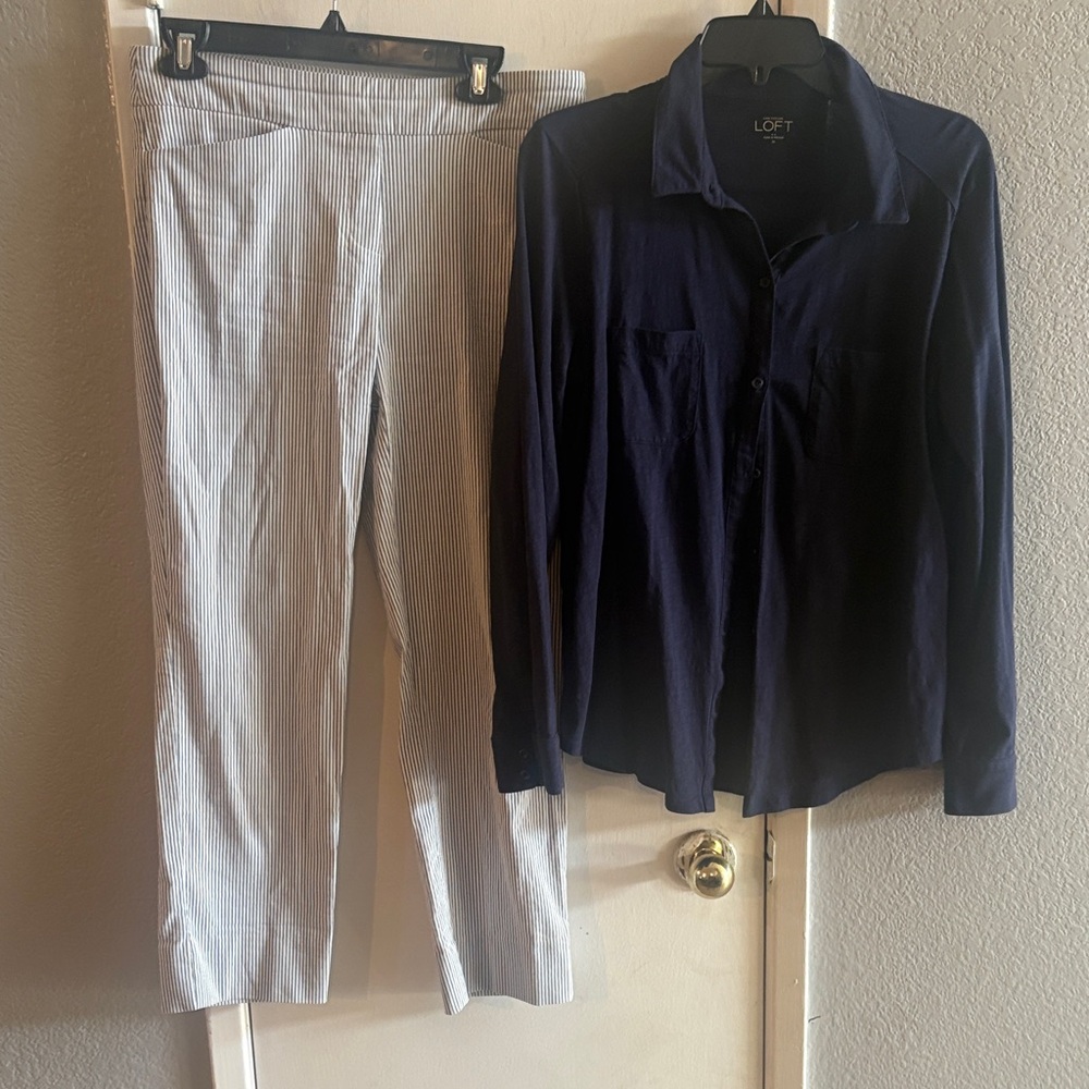 LOFT Navy Shirt and Striped Cropped Pants